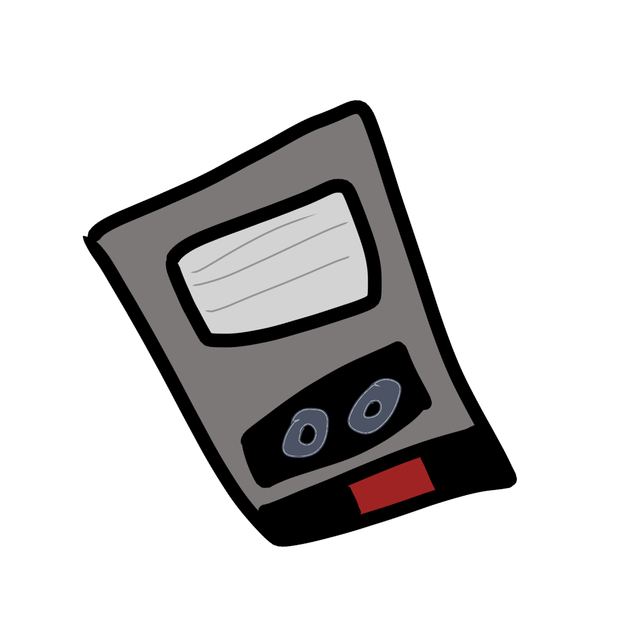 a grey and black tape recorder with one red button